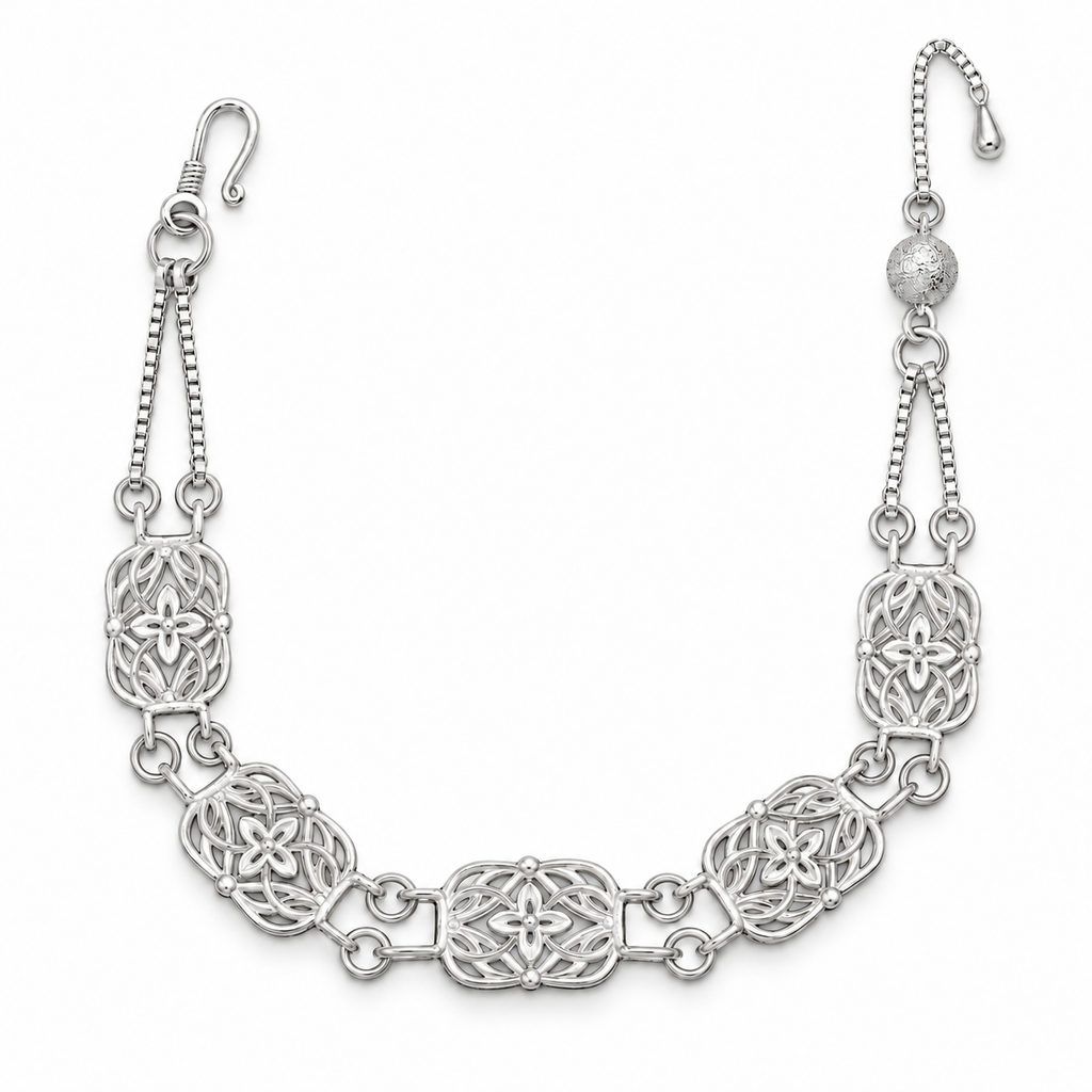 Botanical Filigree Bracelet with five floral openwork links, shown in a U shape