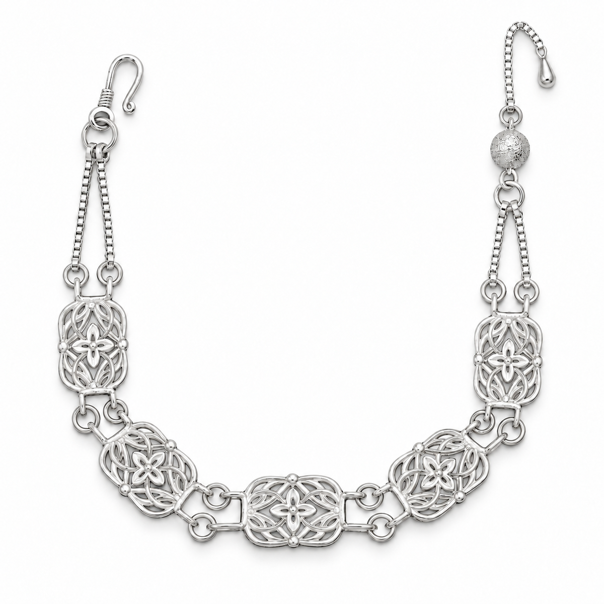 Botanical Filigree Bracelet with five floral openwork links, shown in a U shape