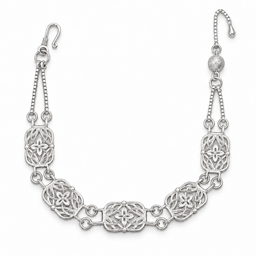 Botanical Filigree Bracelet with five floral openwork links, shown in a U shape
