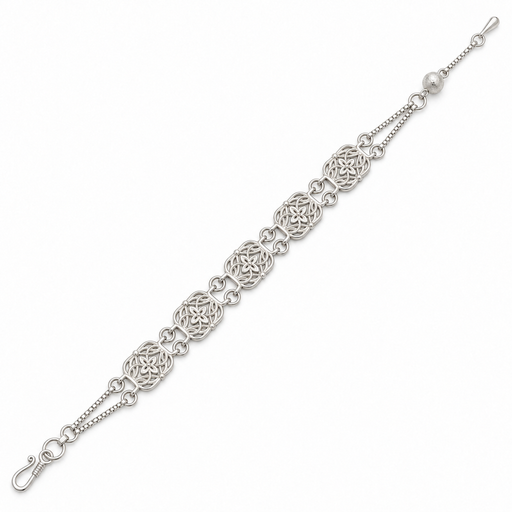 Full-length silver-tone bracelet showing five floral links and an open hook
