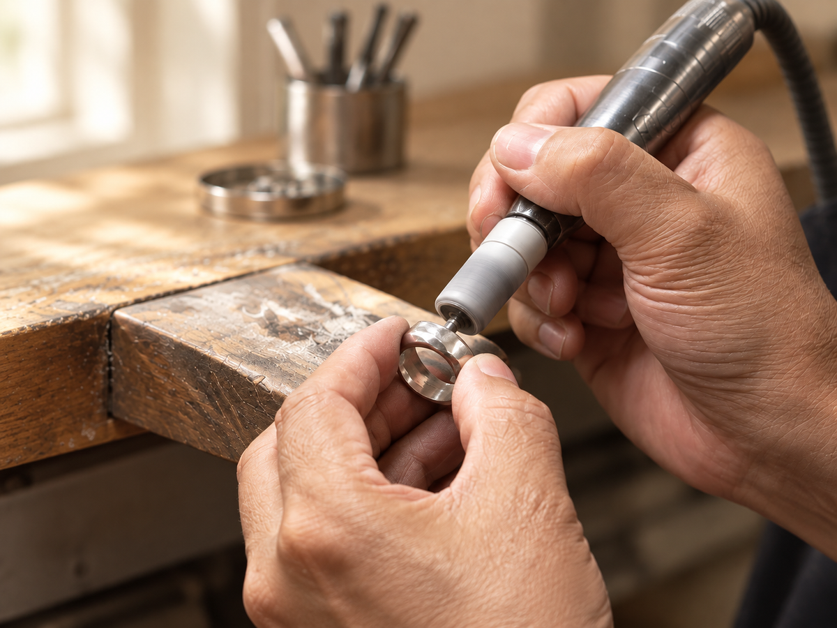 Illustrative jewelry workshop scene showing a metal finishing detail