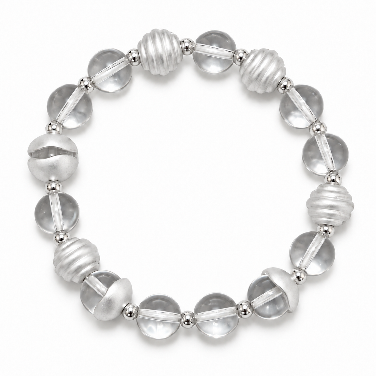 Crystal Orbit Bracelet with clear quartz beads and sculptural silver-tone accents, top view