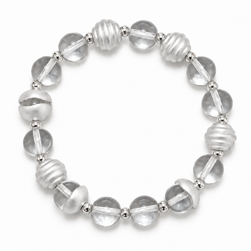 Crystal Orbit Bracelet with clear quartz beads and sculptural silver-tone accents, top view